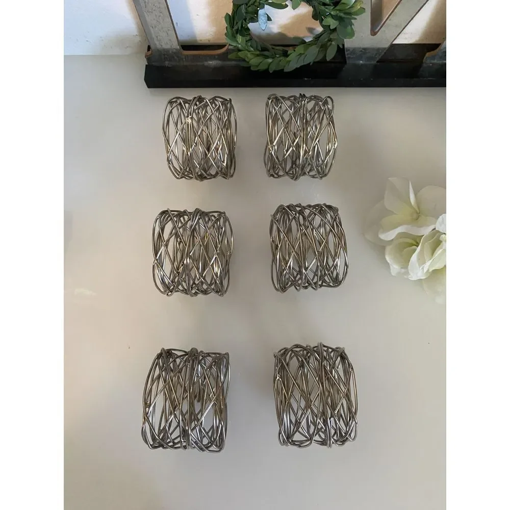 Ukal Set‎ of 6 Handmade Silver Tone Round Mesh Napkin Rings Holder Dinning Party